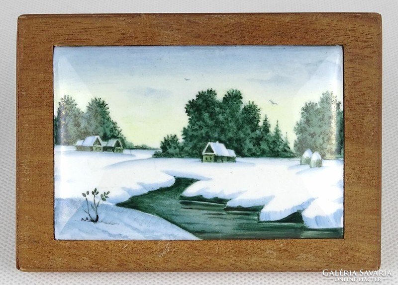 1P224 old framed small hand-painted winter landscape enamel picture 8.5 X 12 cm