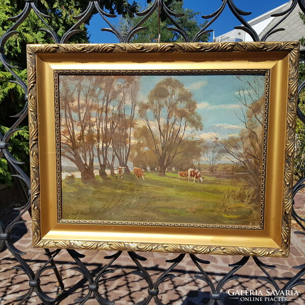 Illés Edvi: landscape, oil painting, canvas - on wooden back 44.5 x 60.2 Cm. Illés Edvi a: cows