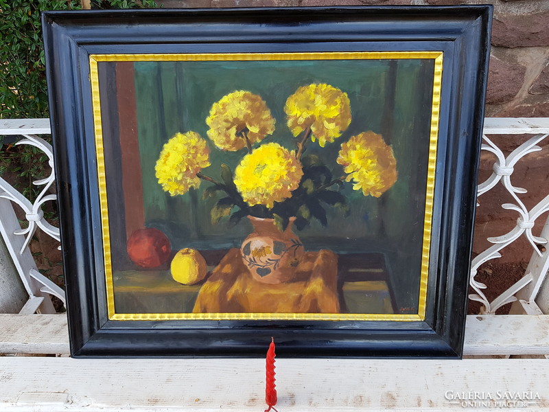 Ferenc Schey: chrysanthemum yellow, oil, wood fiber, frame 55 x 70 cm, antique picture frame.