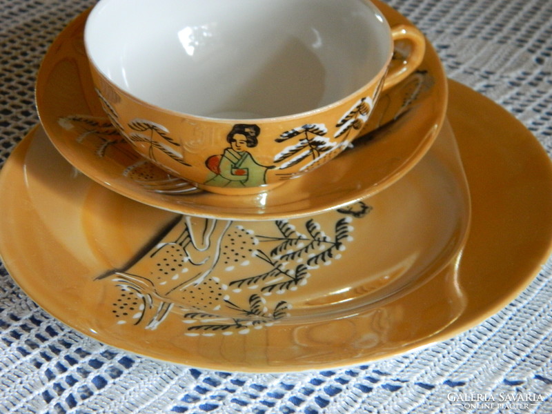 Japanese eggshell mustard colored breakfast set, cups and small plates