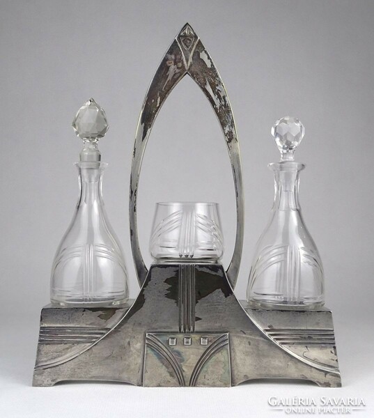 1P205 Antik jelzett csiszolt üvegbetétes ezüstözött art deco WMF asztali olaj kínáló 24 cm