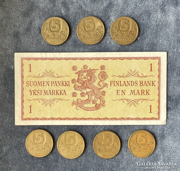Finnish 1 markk banknote and 5 markk coins from the 1960s