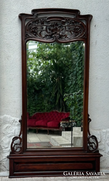 Venetian Art Nouveau antique carved faceted castle mirror