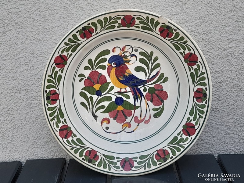 Antique Hungarian folk wall bowl with flowers and birds