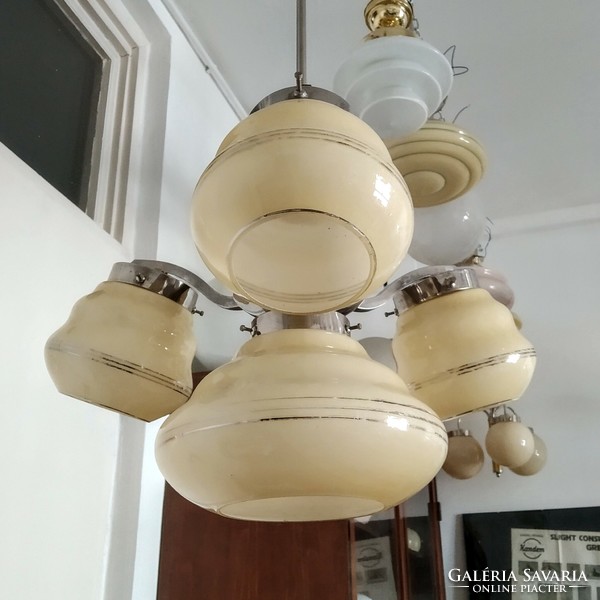 Art deco - streamline - bauhaus 3-arm, 4-burner chandelier renovated - cream shades - lampart