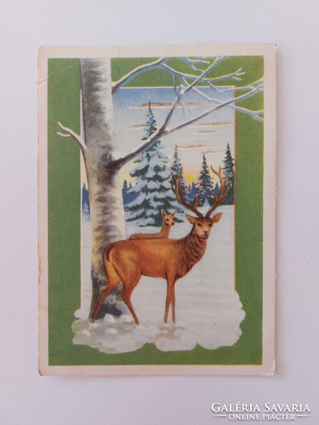 Régi karácsonyi képeslap 1961 levelezőlap szarvas őzike