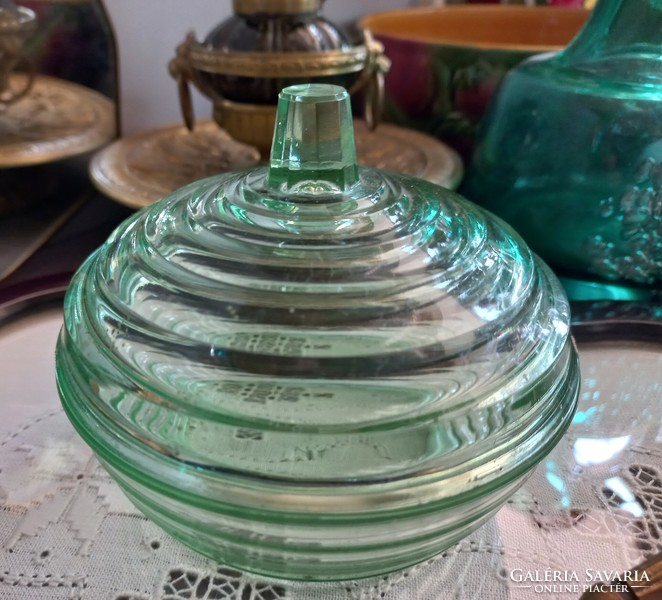 Glass bonbonier with green lid, centerpiece, ring holder