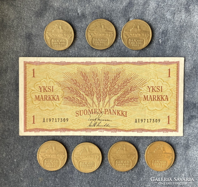 Finnish 1 markk banknote and 5 markk coins from the 1960s
