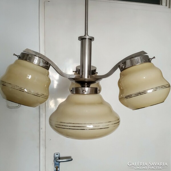 Art deco - streamline - bauhaus 3-arm, 4-burner chandelier renovated - cream shades - lampart