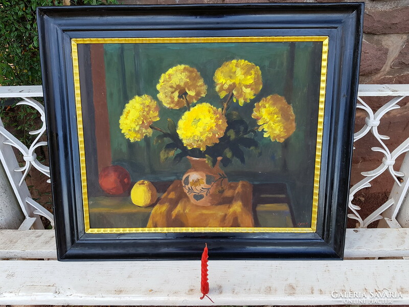 Schey Ferenc: Krizantém sárga, olaj, farost, falc 55 x 70 cm, antik képkeret. Csendélet, festmény
