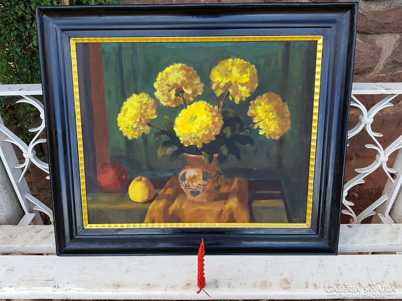 Schey Ferenc Krizantém sárga olaj farost falc 55x70 cm antik képkeret Csendélet festmény külm: 70x90