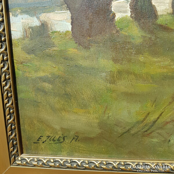 Illés Edvi: landscape, oil painting, canvas - on wooden back 44.5 x 60.2 Cm. Illés Edvi a: cows
