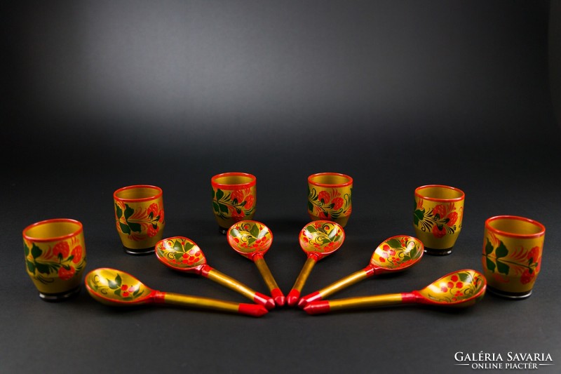 Russian, hand-painted lacquer wooden glasses, spoons. 12 Pcs.