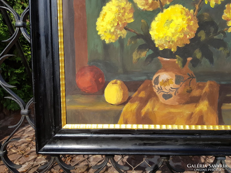 Schey Ferenc Krizantém sárga olaj farost falc 55x70 cm antik képkeret Csendélet festmény külm: 70x90