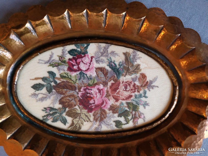 Beautiful antique petitpoint needle tapestry tray in a copper frame