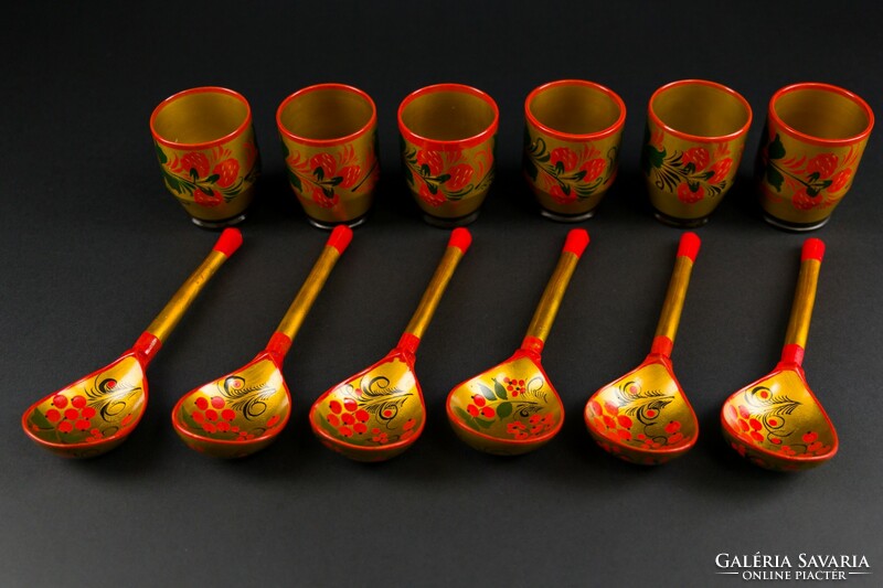 Russian, hand-painted lacquer wooden glasses, spoons. 12 Pcs.