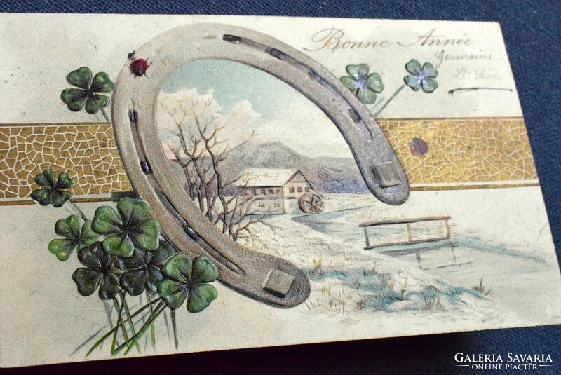 Antik dombornyomott Újévi üdvözlő litho képeslap - szerencsepatkó 4levelű lóhere katica tájkép