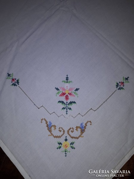 Beautiful hand embroidered pastel cross stitch azure lace vintage floral needlework tablecloth