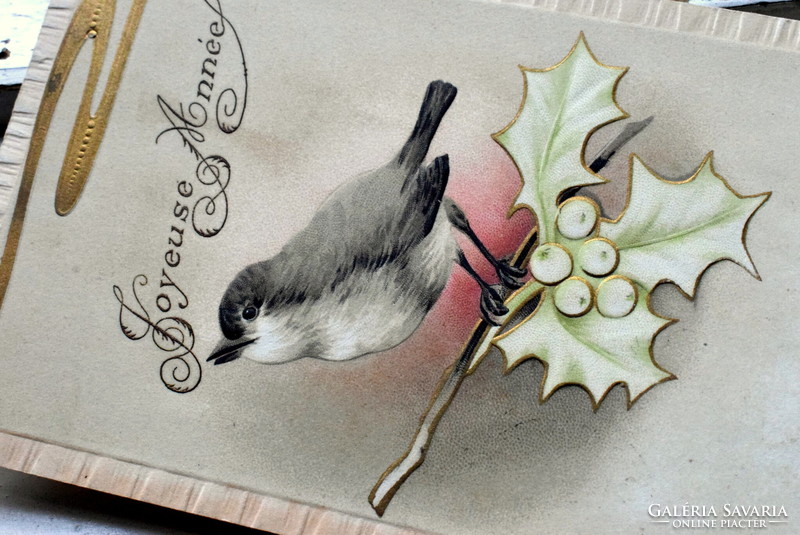 Antique embossed New Year litho postcard - little bird from 1906