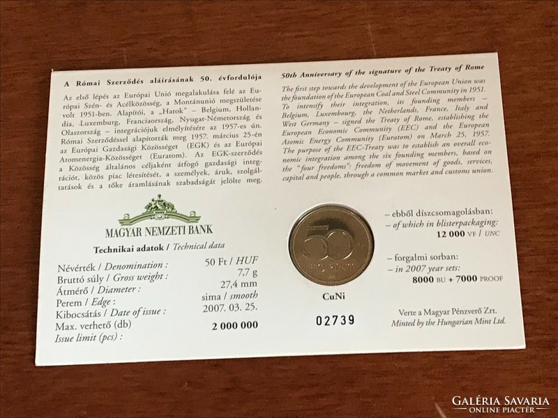 Commemorative card issued on the occasion of the 50th anniversary of the signing of the Treaty of Rome, first mintage.