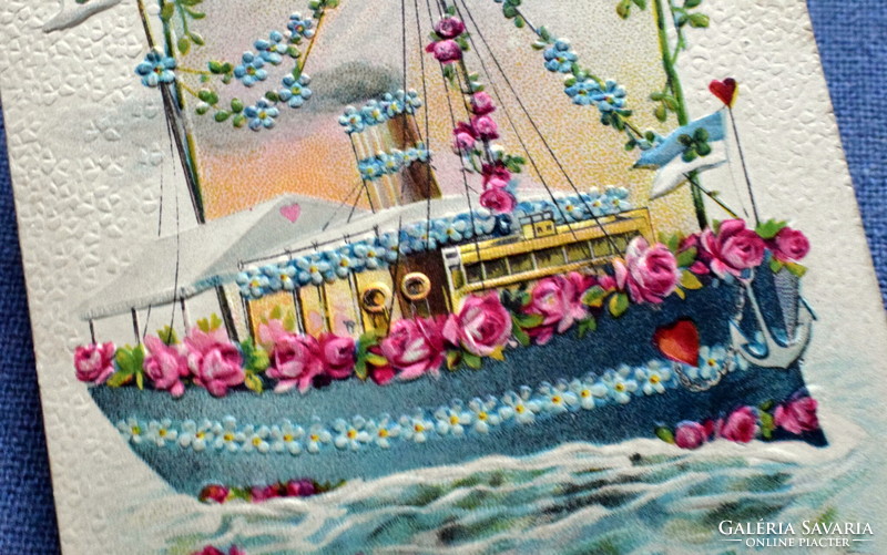 Antique embossed New Year litho postcard - steamship rose forget-me-not seagull