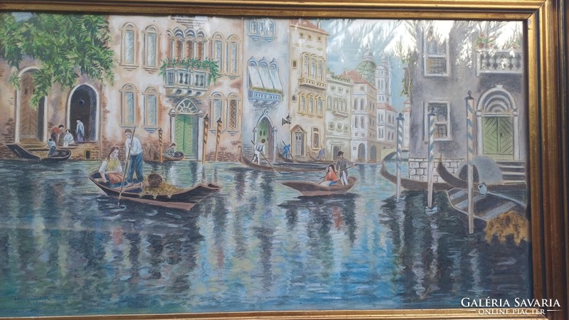 Beautifully painted Venetian painting with gondolas, pastel violinist Gyula's evening