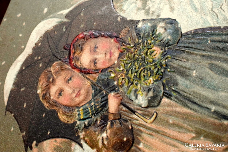 Antik dombornyomott Újévi üdvözlő litho képeslap - kisleányok esernyővel a hóesésben  1906ból