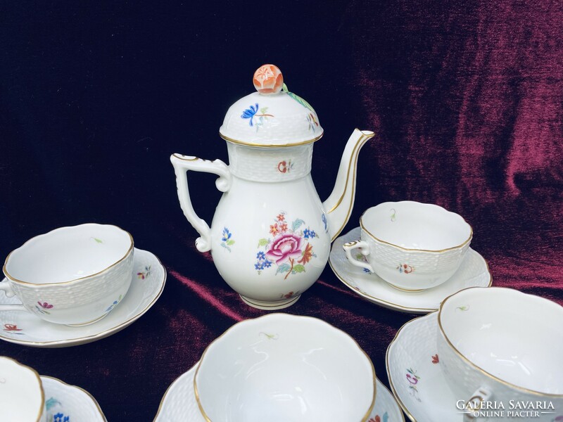 Herendi színes Nanking Bouquet mintás porcelán kávéskészlet 6db csésze aljjal és kiöntővel