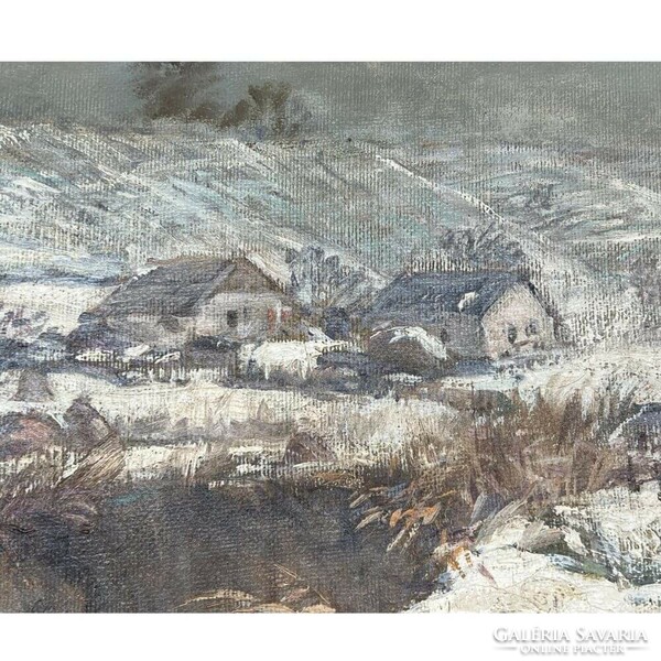 Német Gyula Gyertyan: winter landscape with a lake at the end of the village ((f456)