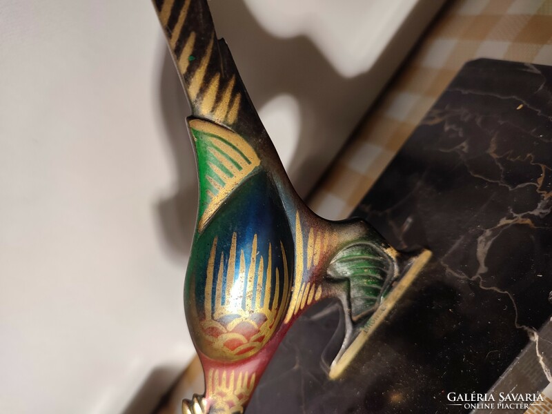 Pair of painted bronze bird bookends on marble bases