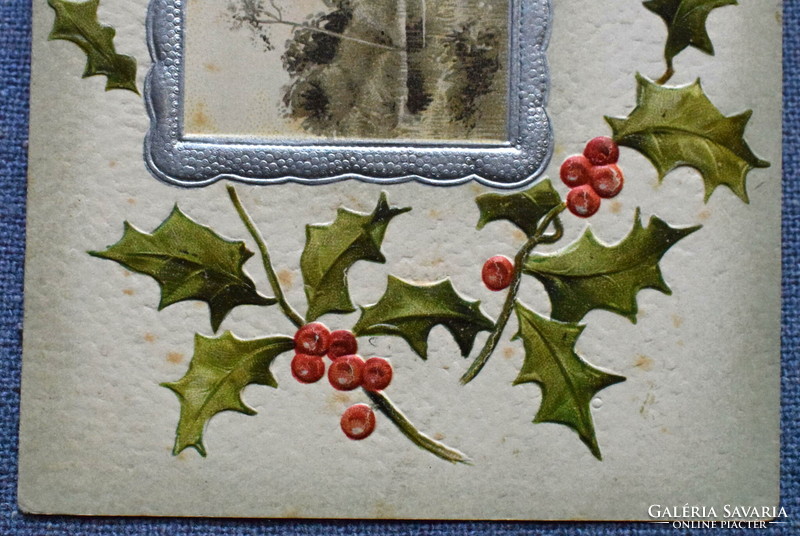 Antik dombornyomott Újévi üdvözlő litho képeslap -  tájkép  magyal