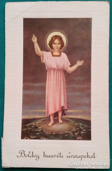 Húsvéti grafikus üdvözlő képeslap, vallás, futott, 1957