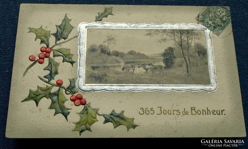 Antik dombornyomott Újévi üdvözlő litho képeslap -  tájkép  magyal
