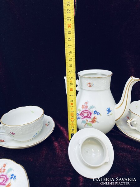 Herendi színes Nanking Bouquet mintás porcelán kávéskészlet 6db csésze aljjal és kiöntővel