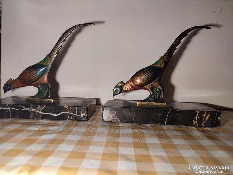 Pair of painted bronze bird bookends on marble bases