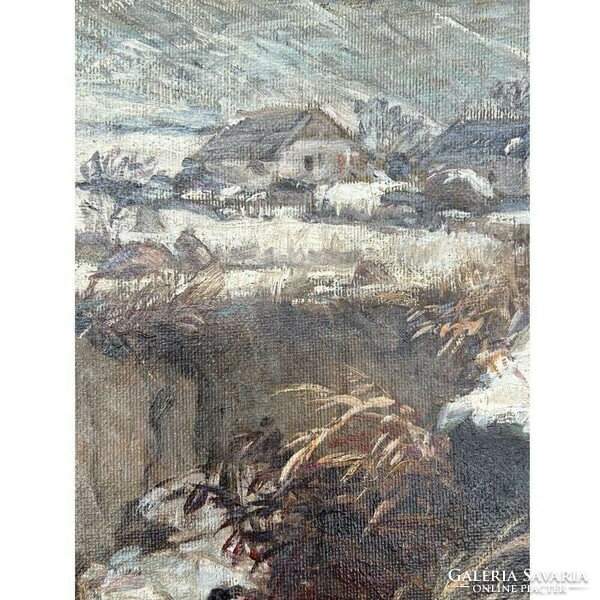 Német Gyula Gyertyan: winter landscape with a lake at the end of the village ((f456)