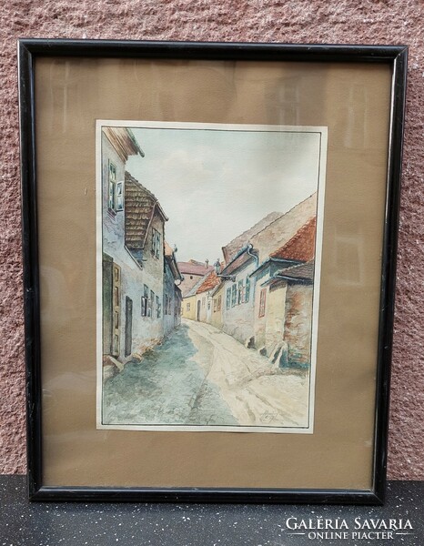 Heigl marked (professional) watercolor painting, Tabán street scene