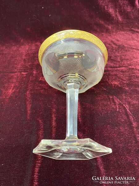 Old moser gilded engraved crystal glass, stemmed glass champagne glass