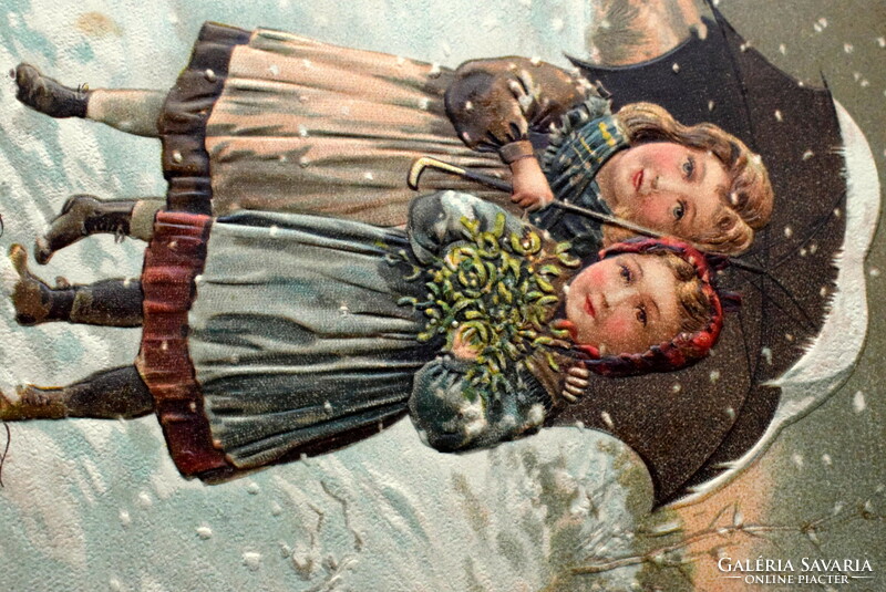 Antique embossed New Year litho postcard - little girls with umbrellas in the snowfall from 1906