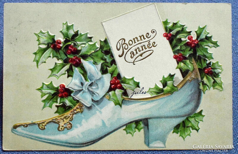 Antique embossed New Year's greeting litho postcard - holly in a nice carrying case