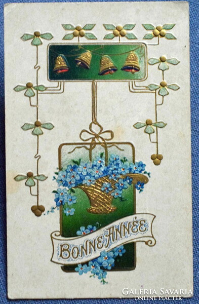 Antique art nouveau embossed New Year greeting litho postcard - golden bells forget-me-not from 1910