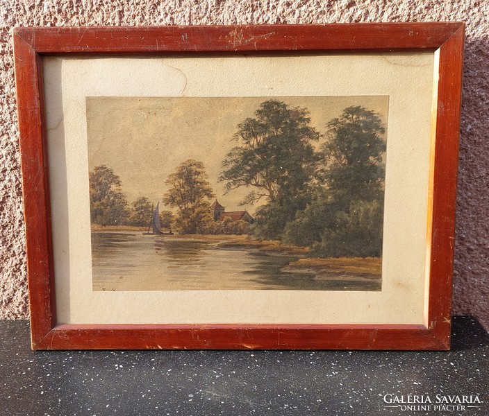 Marked, old watercolor painting, waterfront with a boat figure