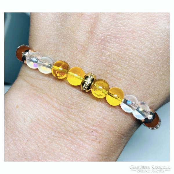 Amber mineral bracelet with rock crystal, angel aura quartz, carnelian and garnet
