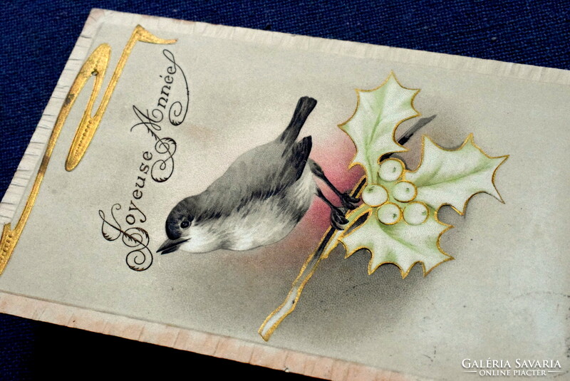 Antik dombornyomott Újévi üdvözlő litho képeslap - kismadár  1906ból