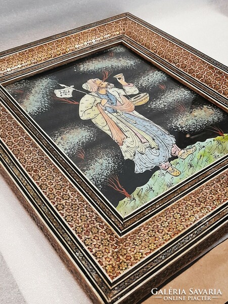 Régi perzsa festmény Khatam mikromozaik intarzia keretében