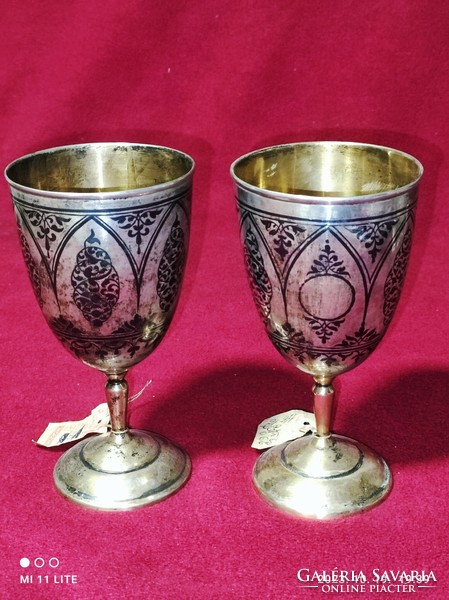 2 Silver stemmed glasses with black tendril decoration from Dagestan