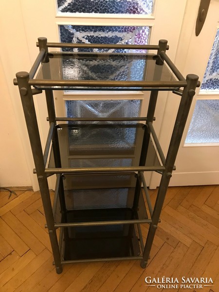 A very nice, probably copper-framed, glass-topped telephone table with several shelves. 101 cm x 45 cm.