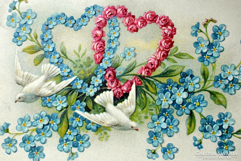 Antik dombornyomott Újévi üdvözlő litho képeslap -  rózsa és nefelejcs szív galambok  1906ból