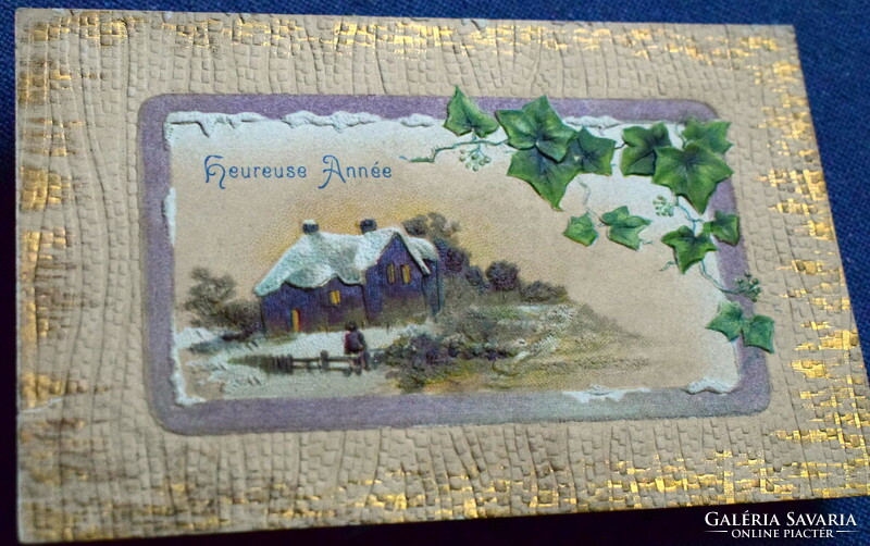 Antique embossed New Year litho postcard - winter landscape in an ornate frame from 1909