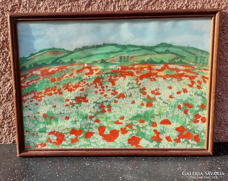Poppy meadow labeled watercolor painting